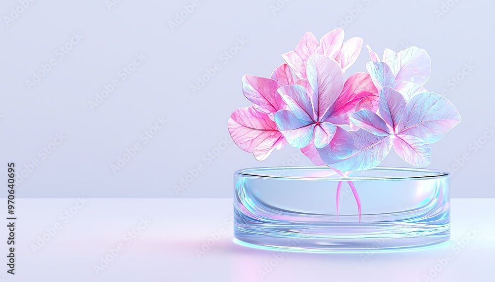 A glass perfume bottle with delicate pink and blue flowers floating on top against a clean background. A glass perfume bottle with delicate pink and blue flowers floating on top against a clean background.