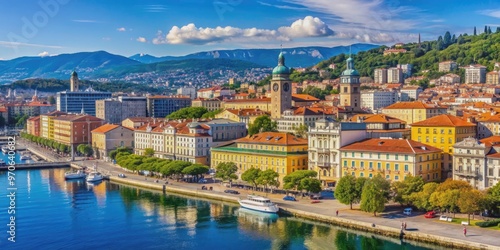 Rijeka skyline with historic maritime buildings along the coast, Rijeka, Croatia, maritime, heritage, architecture, buildings, coastline