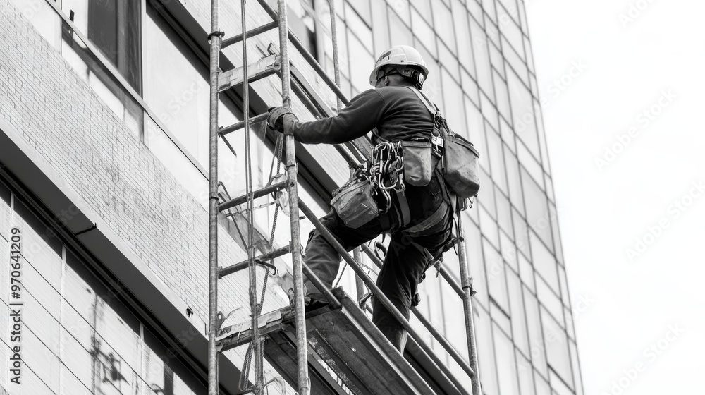 Fototapeta premium Construction Worker Ascending Scaffolding on a Modern Building