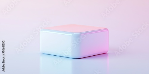 Minimalist white cube with soft pink and blue gradient, isolated on flat background.