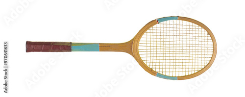old wooden tennis racket isolated on white background