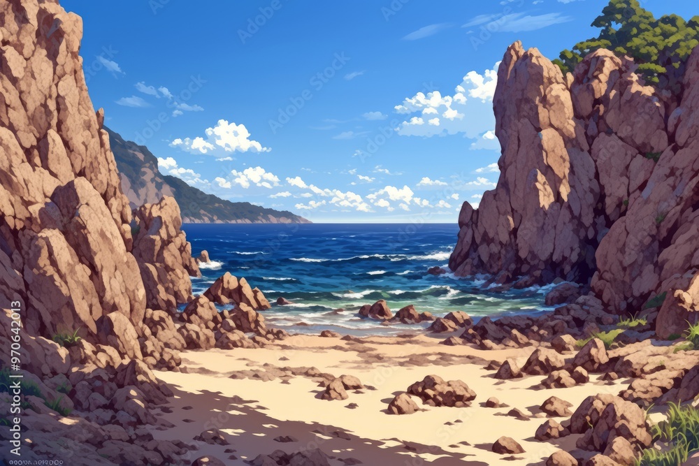 Fototapeta premium Stunning Rocky Coastline: A Tranquil Seascape with Dramatic Cliffs and Turquoise Waves