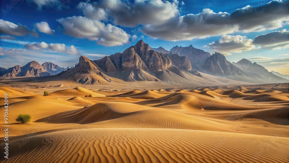Fototapeta premium Majestic desert panorama with towering mountains and sweeping sand dunes , desert, panorama, majestic, mountains