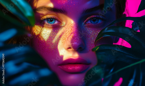 Close-up portrait of a beautiful woman with colorful glitter on her face, surrounded by neon tropical leaves, vibrant pink and yellow lighting, fashion photography, high contrast, hyper-realistic, cin