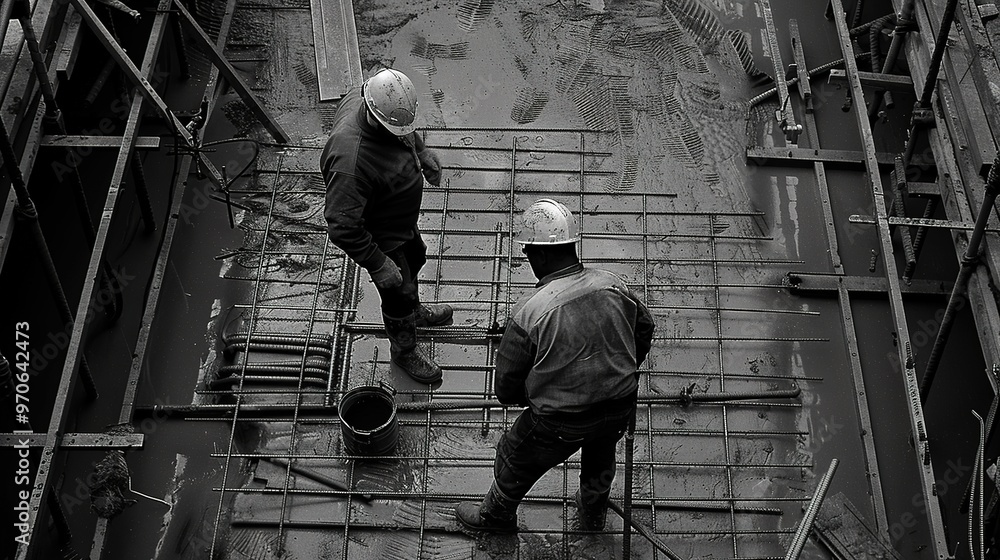 A vivid view of construction workers engaged in their tasks on the construction site. The workers are wearing hard hats and safety vests. They are using various tools and equipment. Some might be lift A vivid view of construction workers engaged in their tasks on the construction site. The workers are wearing hard hats and safety vests. They are using various tools and equipment. Some might be lift