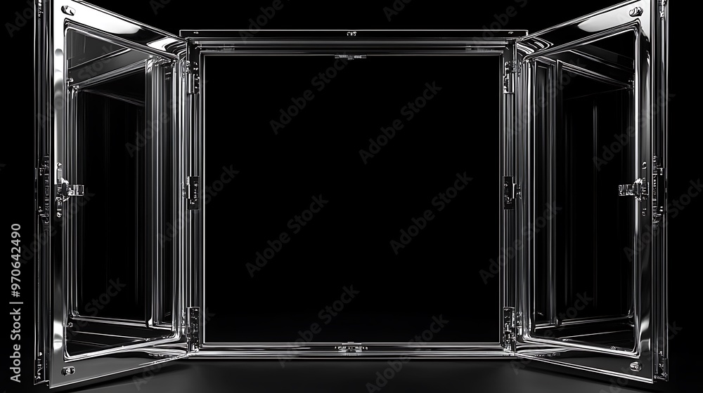 Obraz premium Silver chrome window frames are isolated on a solid black background design. isolated on a solid black background. Illustrations design 