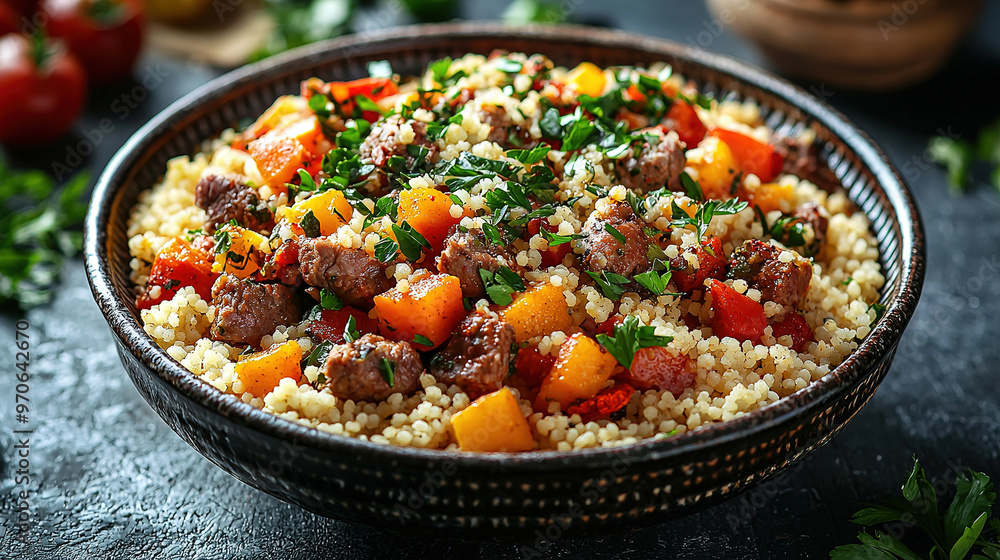 Meat and vegetable couscous in a bowl, typical food from Morocco, a traditional festive Arabic dish with herbs and spices Meat and vegetable couscous in a bowl, typical food from Morocco, a traditional festive Arabic dish with herbs and spices