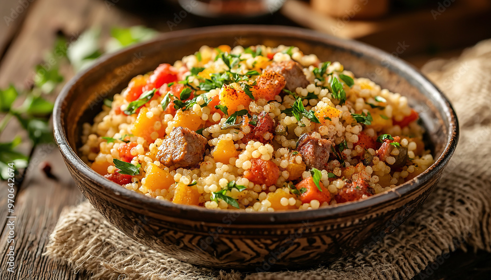 Meat and vegetable couscous in a bowl, typical food from Morocco, a traditional festive Arabic dish with herbs and spices Meat and vegetable couscous in a bowl, typical food from Morocco, a traditional festive Arabic dish with herbs and spices