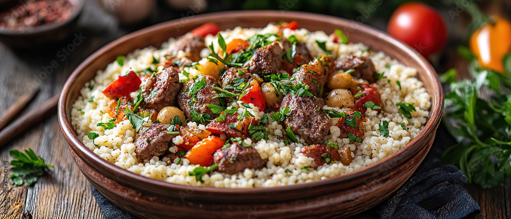 Meat and vegetable couscous in a bowl, typical food from Morocco, a traditional festive Arabic dish with herbs and spices Meat and vegetable couscous in a bowl, typical food from Morocco, a traditional festive Arabic dish with herbs and spices