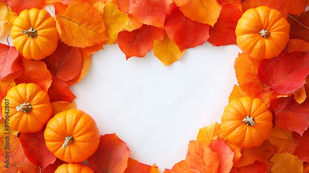 Beautiful Heart Shape Frame Made of Fall Leaves and Pumpkins for Halloween Decor Beautiful Heart Shape Frame Made of Fall Leaves and Pumpkins for Halloween Decor