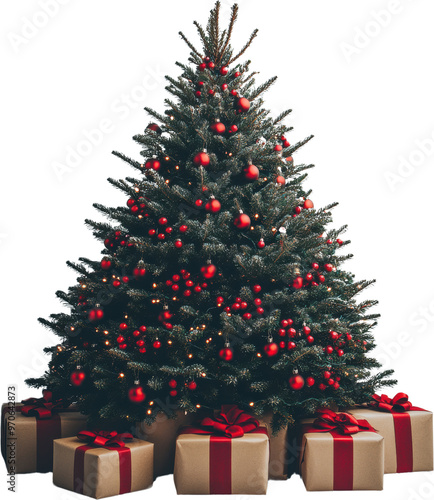 Decorated Christmas Tree with Red Ornaments and Wrapped Gifts on Transparent Background