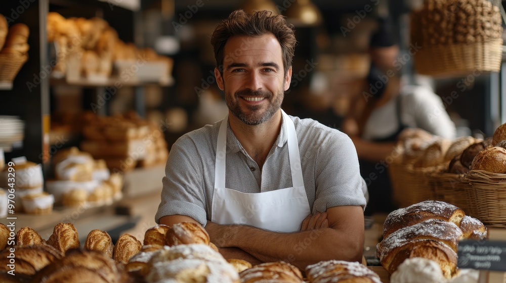 Friendly Male Baker Smiling Behind Counter Full of Fresh Bread in Modern Bakery Image Friendly Male Baker Smiling Behind Counter Full of Fresh Bread in Modern Bakery Image
