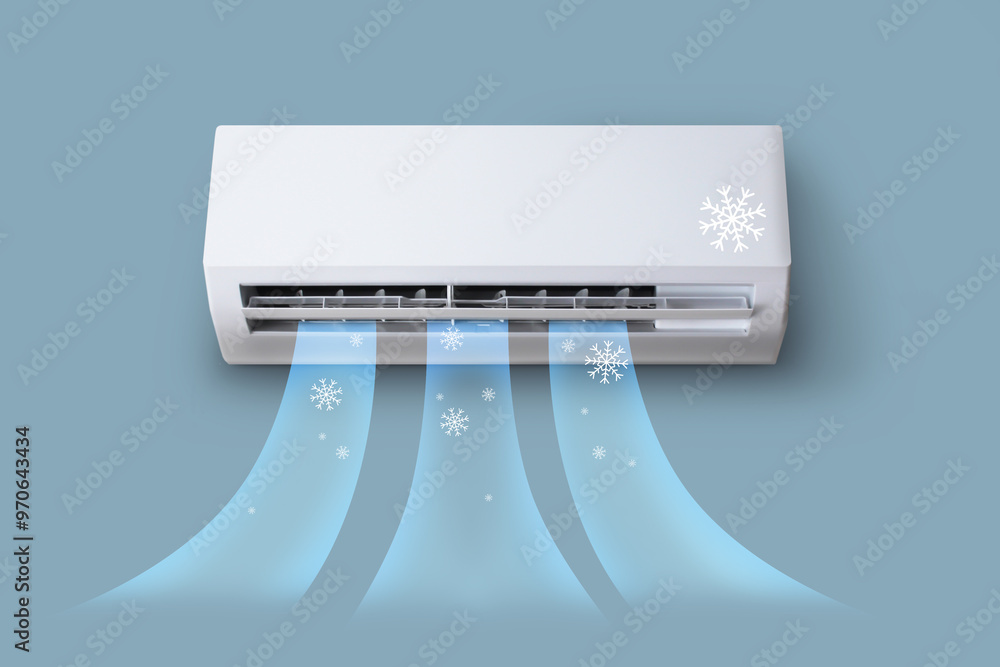 air conditioner blows cold air on a grayblue background, coolness
