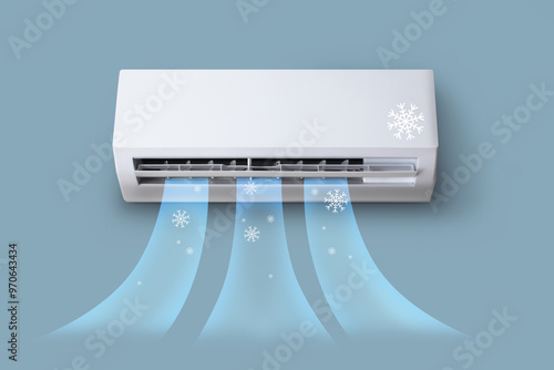 air conditioner blows cold air on a gray-blue background, coolness, flow, device, technology, circulation
