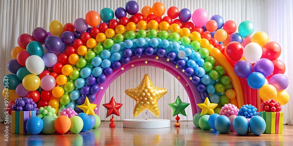 a colorful party setup with a large rainbow inflate a colorful party setup with a large rainbow inflate