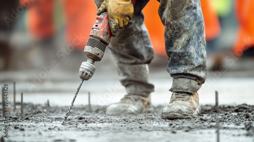 A Construction Worker Using a Drill on Concrete