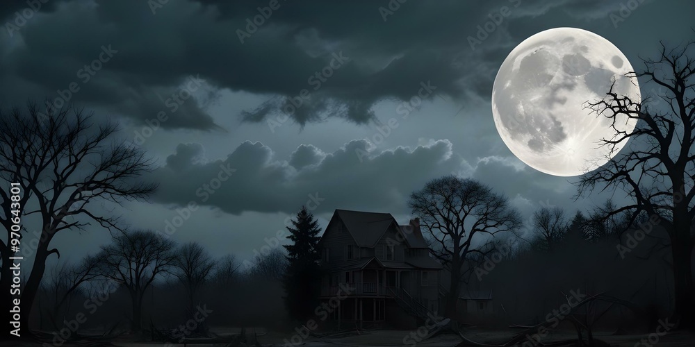 Dark, stormy clouds fill the sky with a full moon visible through the gloom. Silhouetted in the foreground are the shapes of trees and other structures.