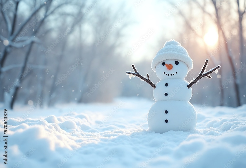 A panoramic view of a snowman taking a stroll in winter scenery with copy space A panoramic view of a snowman taking a stroll in winter scenery with copy space
