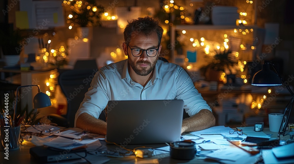 An entrepreneur working late on a laptop in a dimly lit office, with papers scattered around and a focused expression. 