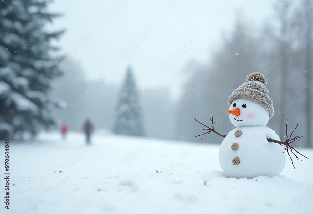Obraz premium A panoramic view of a snowman taking a stroll in winter scenery with copy space