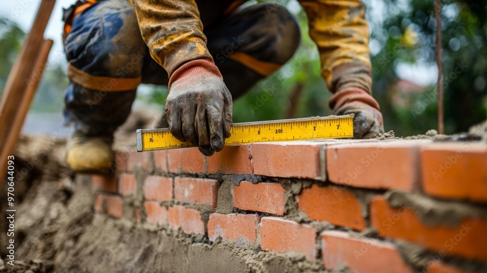 Construction Worker Measuring Brick Wall with Ruler Construction Worker Measuring Brick Wall with Ruler