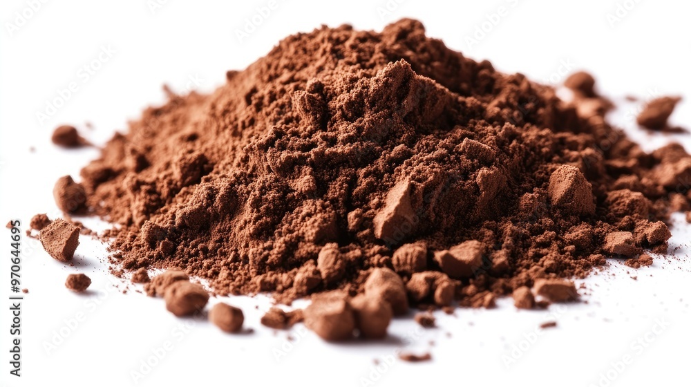 A close-up of finely ground cocoa powder in a small pile, isolated on a white background, highlighting its texture A close-up of finely ground cocoa powder in a small pile, isolated on a white background, highlighting its texture
