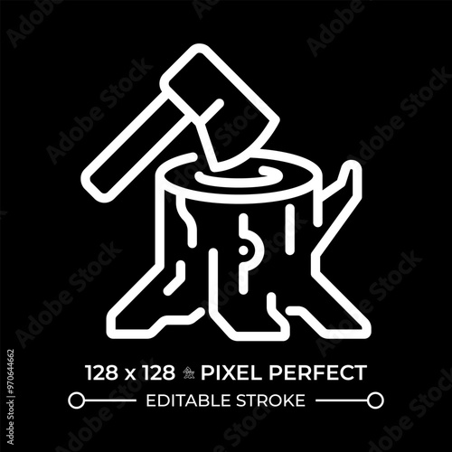 Deforestation white linear icon for dark theme. Tree stump and axe. Forest degradation and exploitation. Chopping wood. Thin line illustration. Isolated symbol for night mode. Editable stroke