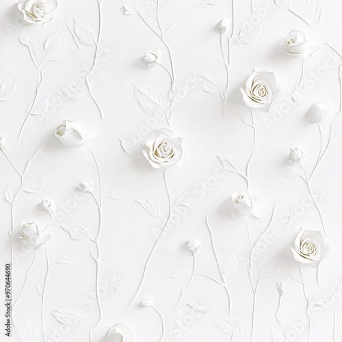 Subtle white embossed rose pattern with delicate buds and stems on smooth background