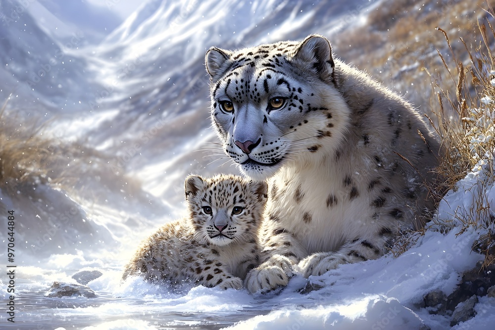 Fototapeta premium Snow leopard and her cub in a serene, icy highland landscape