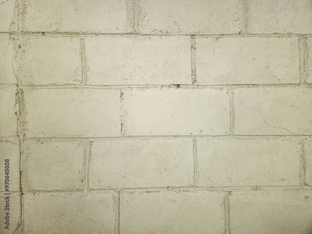 Fototapeta premium White painted bricks form a textured wall with signs of weathering and age. Old brick pattern wall texture on white