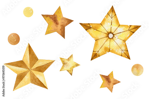 Set of watercolor drawings of golden stars. Festive stars. Decoration isolated on a white background.
