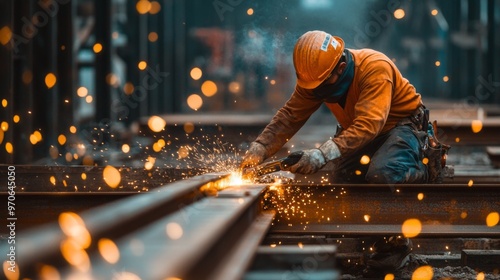 Construction Worker Welding Railroad Tracks with Sparks Flying