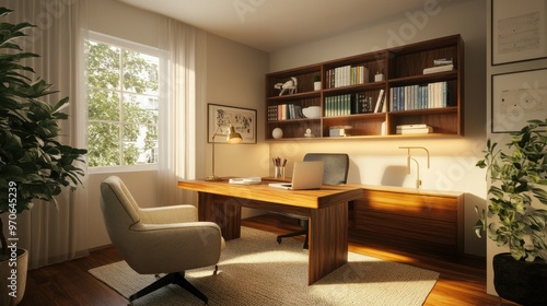 Wallpaper Mural A cozy study room in 3D render featuring a wooden desk, plush chair, warm lighting, and a visible floor plan, displayed on a white background Torontodigital.ca