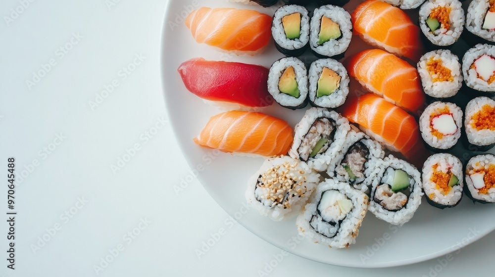 A delicious plate of assorted sushi on a clean white background, showcasing vibrant colors and textures A delicious plate of assorted sushi on a clean white background, showcasing vibrant colors and textures