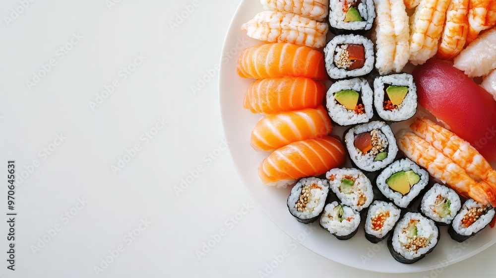A delicious plate of assorted sushi on a clean white background, showcasing vibrant colors and textures A delicious plate of assorted sushi on a clean white background, showcasing vibrant colors and textures