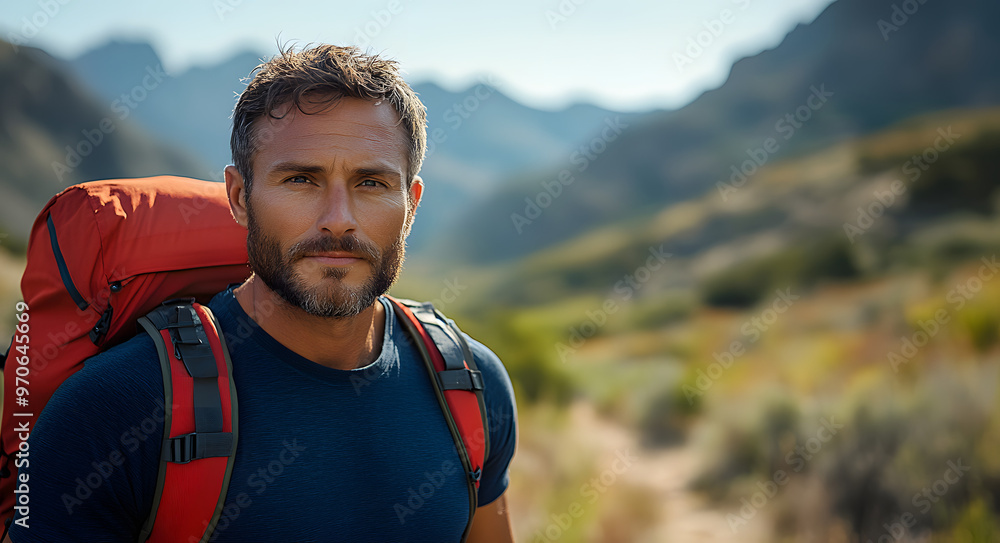 Fototapeta premium This AI-generated image captures the essence of adventure with a rugged, bearded man hiking in the mountains. 