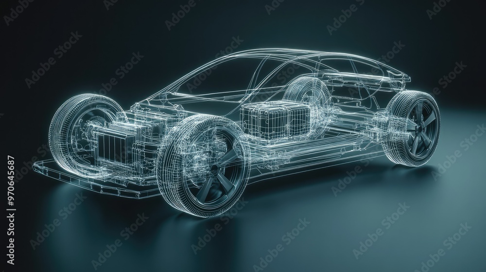 Naklejka premium A detailed 3D line art x-ray of an electric car chassis highlighting the battery, set against a minimalist studio background