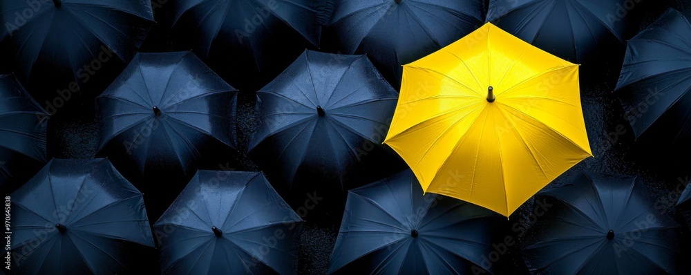 Yellow umbrella among black umbrellas, standout Yellow umbrella among black umbrellas, standout