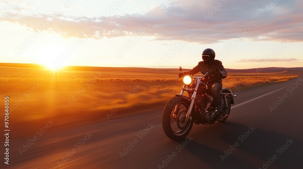 A lone motorcyclist rides down an open highway at sunset. A lone motorcyclist rides down an open highway at sunset.