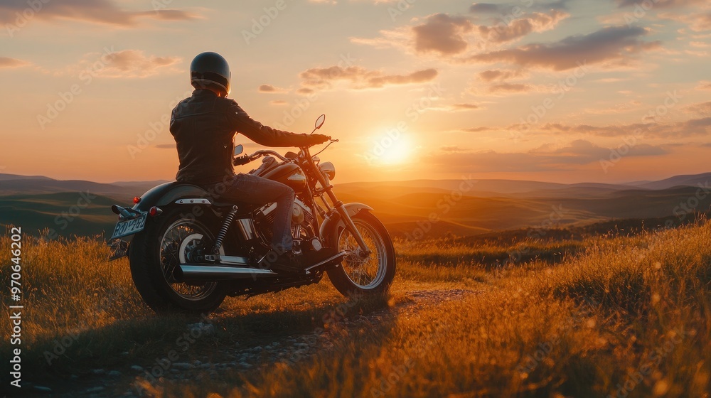 Fototapeta premium A lone motorcyclist sits on their bike overlooking a mountain range with a sunset in the background.