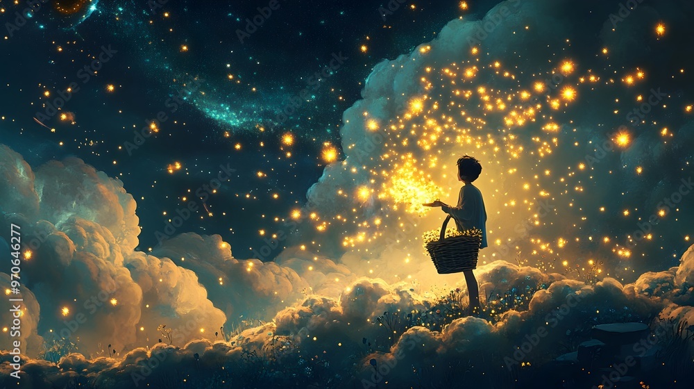 Dreamer Harvesting Glowing Starflowers from the Clouds into a Magical Basket Dreamer Harvesting Glowing Starflowers from the Clouds into a Magical Basket