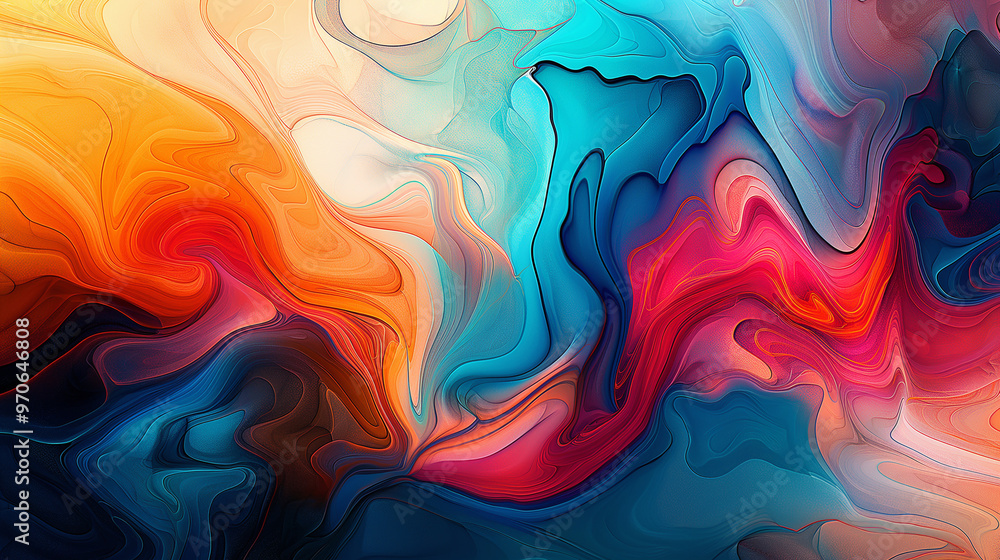 A vibrant and fluid abstract painting with swirling colors of blue orange and red. Liquid watercolor flowing background A vibrant and fluid abstract painting with swirling colors of blue orange and red. Liquid watercolor flowing background