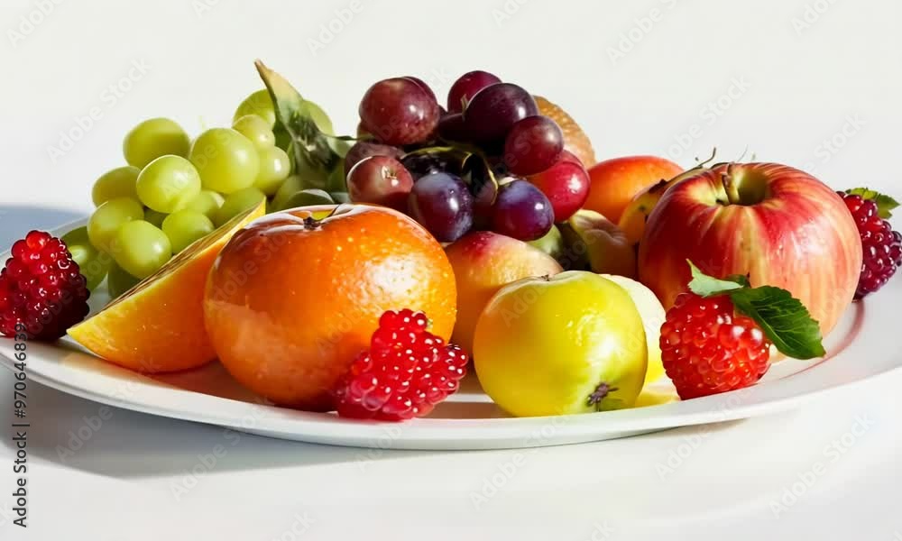 White ceramic plate with fruit on white background, Video White ceramic plate with fruit on white background, Video