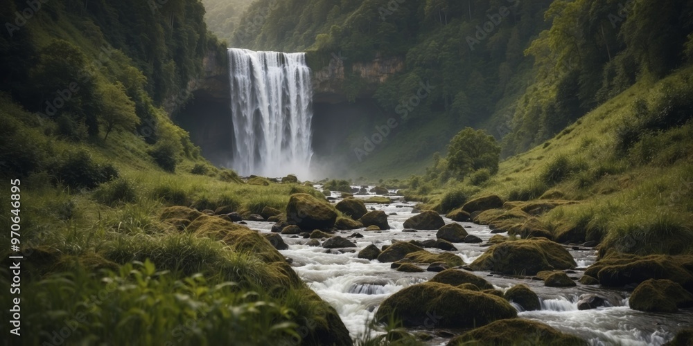 Majestic Waterfall in a Lush Green Valley. Majestic Waterfall in a Lush Green Valley.