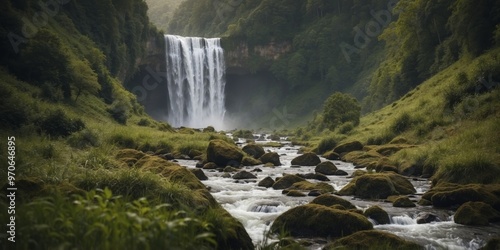 Majestic Waterfall in a Lush Green Valley. photo