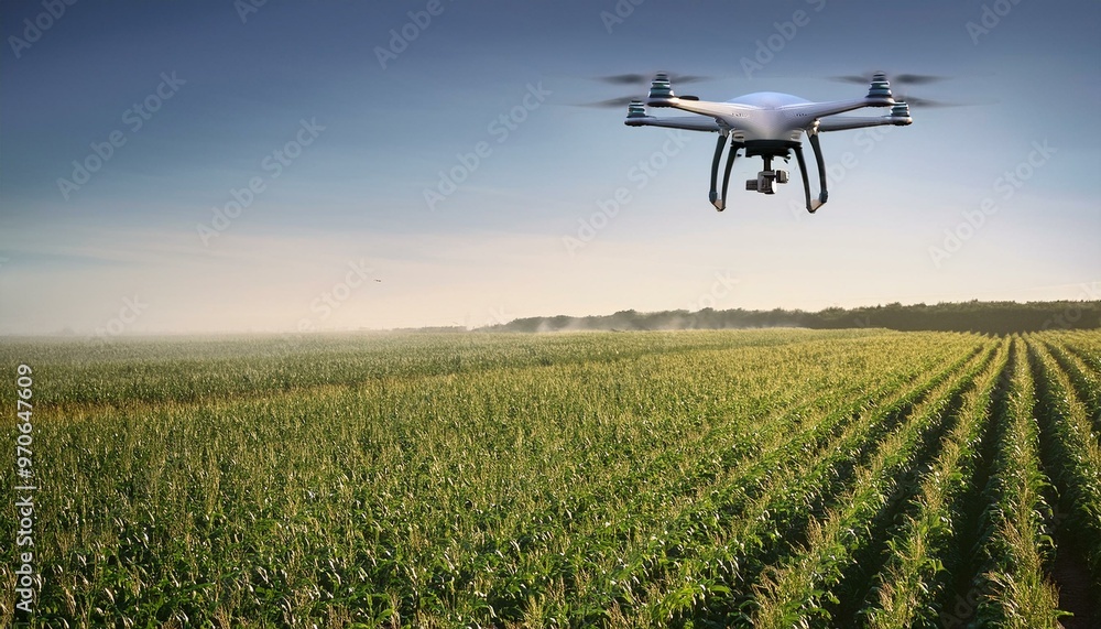 A drone flies over a vast green agricultural field, showcasing modern farming technology and remote monitoring capabilities. A drone flies over a vast green agricultural field, showcasing modern farming technology and remote monitoring capabilities.
