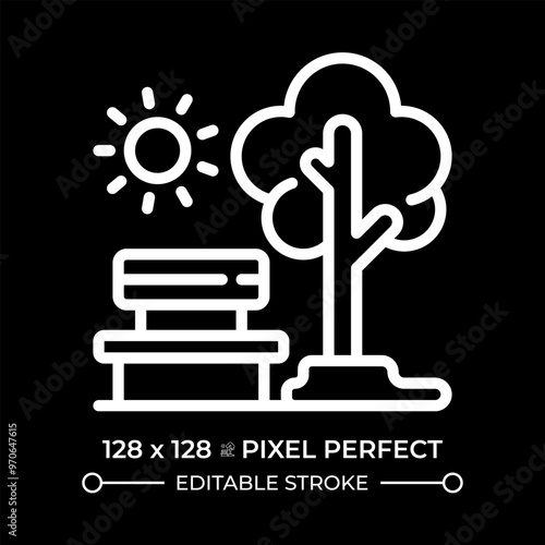 Green public spaces white linear icon for dark theme. Public park bench and tree. Outdoor recreation. Urban park. Thin line illustration. Isolated symbol for night mode. Editable stroke
