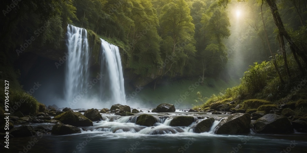 Majestic Waterfall in a Lush Green Valley. Majestic Waterfall in a Lush Green Valley.