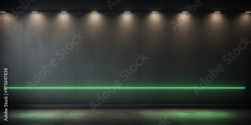 Concrete wall with green neon light line on dark grey background with white lights from above.