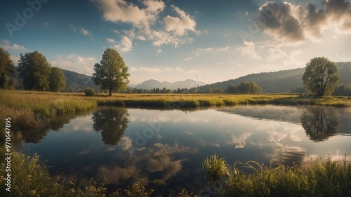 A beautiful landscape with a large body of water and a lush green field.